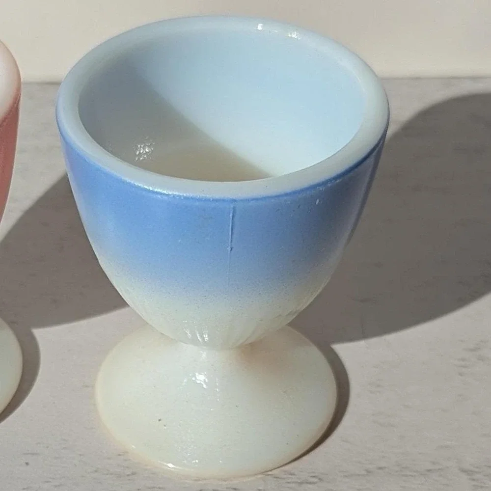 Vintage Egg Cup Blue Macbeth Evans UV Reactive Ribbed Milk Glass